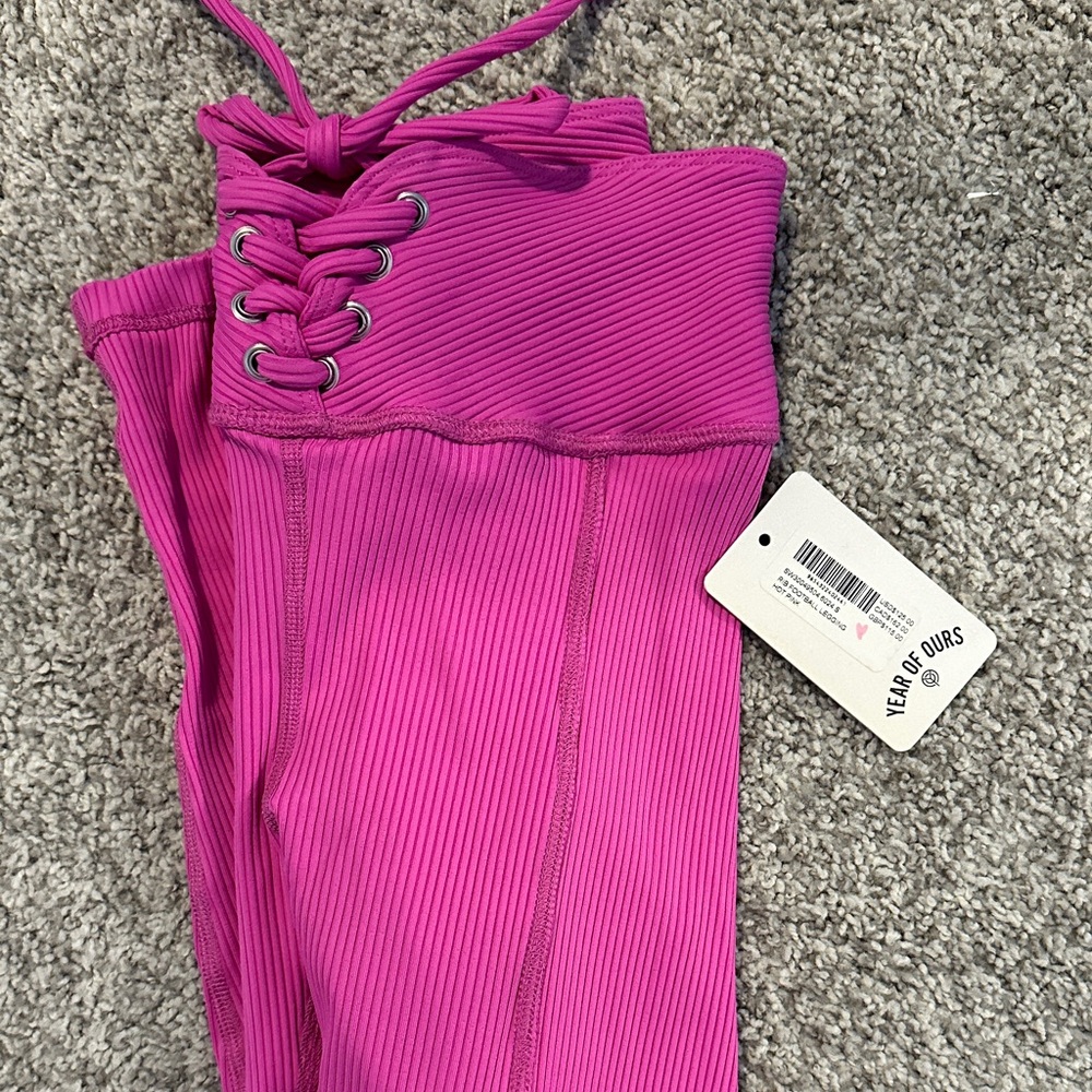 Pink Ribbed Lace-Up Leggings